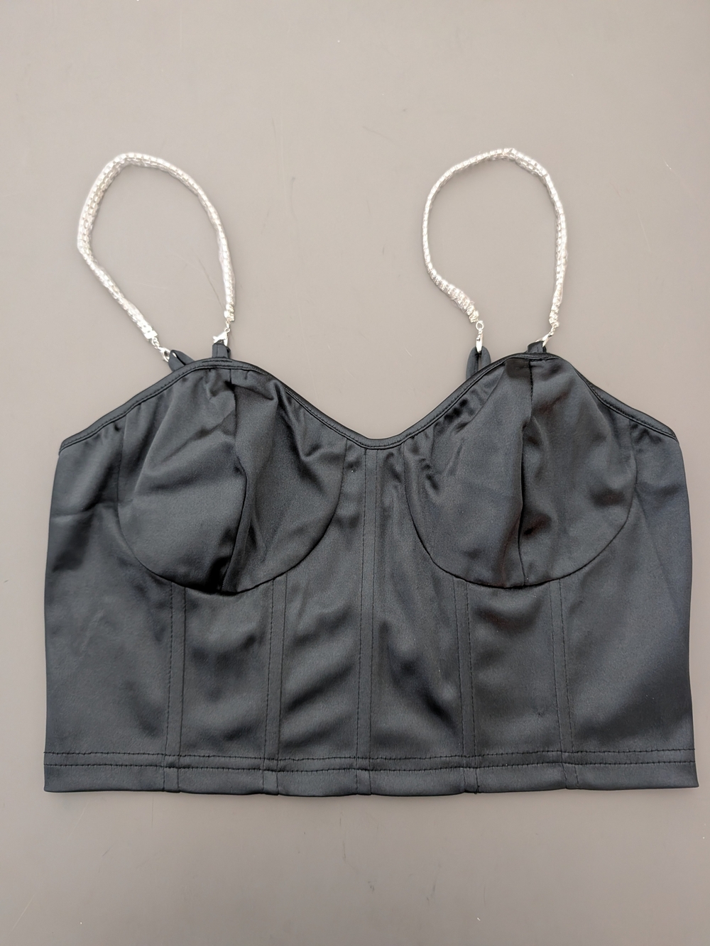 SHEIN Black Satin Bustier Crop Top with Crystal Straps